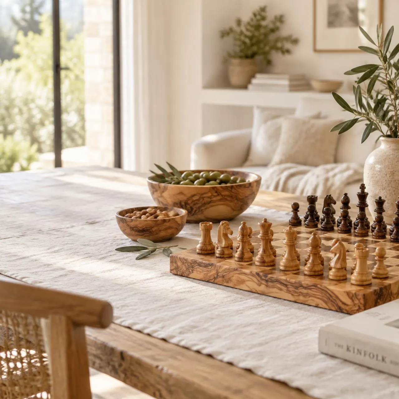 Olive wood chess set and bowls on a sunlit table